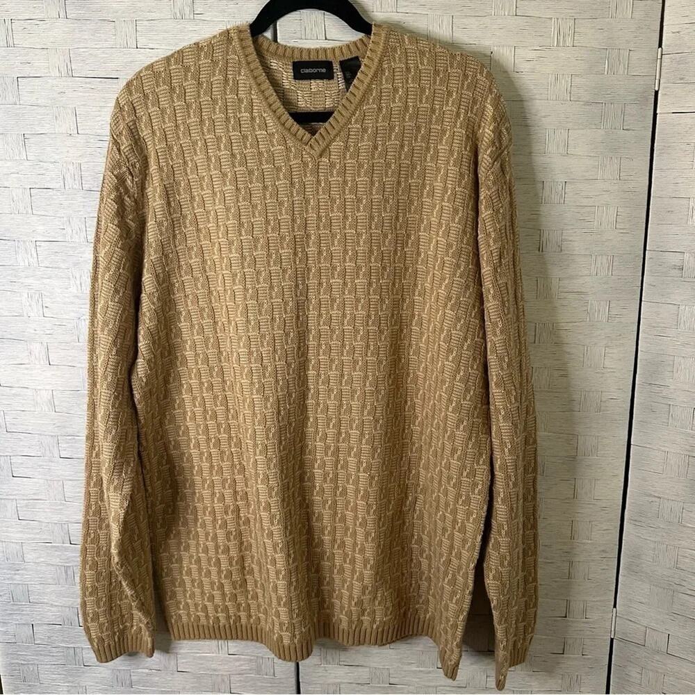 Claiborne sweater tan & cream crewneck sweater winter quiet luxury plus size